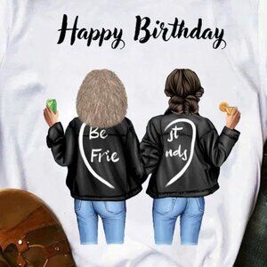 Best Friends Happy Birthday Printed Round Neck Short-Sleeved Women T-Shirt LARGE